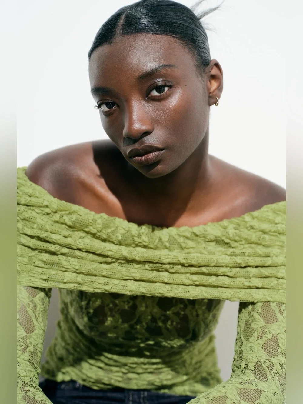 Zara Lace Top With Open Shoulders Translucent Square Neckline Pistachio Green